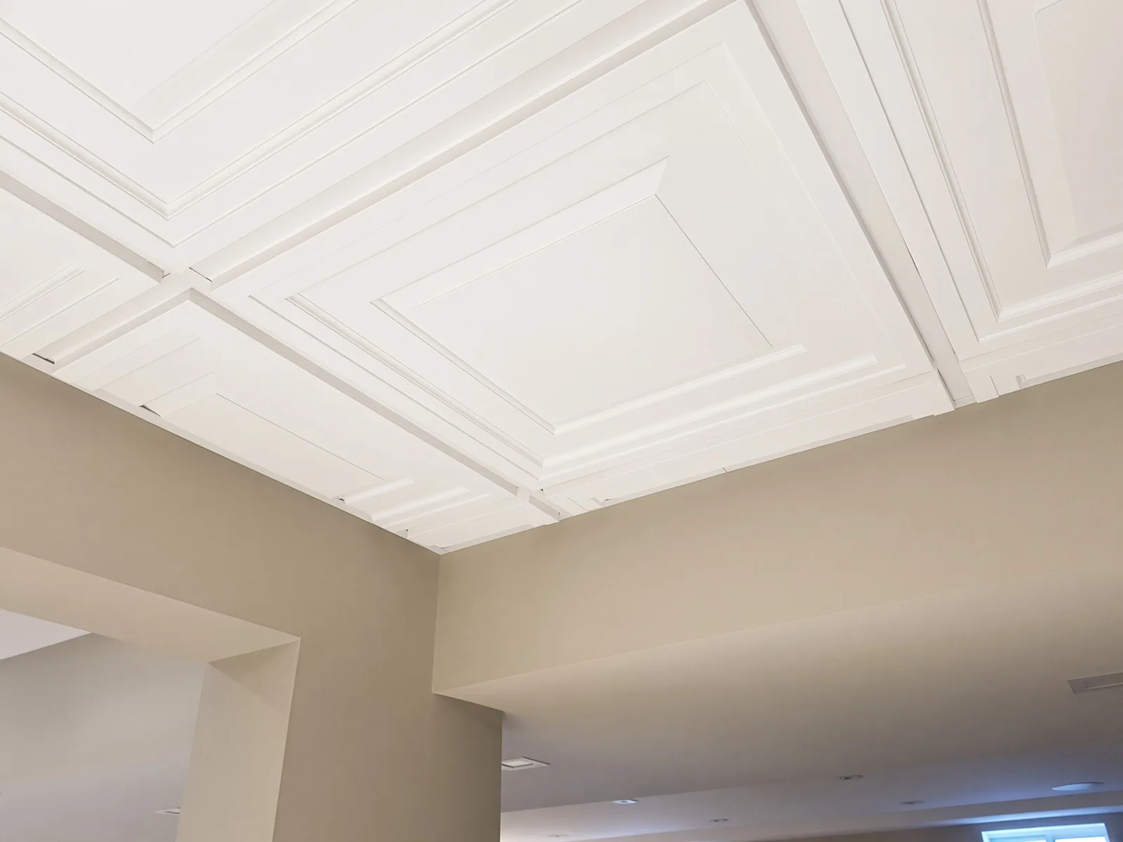 Installed Spectis CP2904 drop-in premium decorative ceiling panels, factory primed